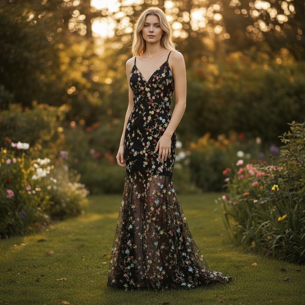 Lulus Black Floral Embroidered Mesh Mermaid Maxi Dress M Formal Evening Fishtail
